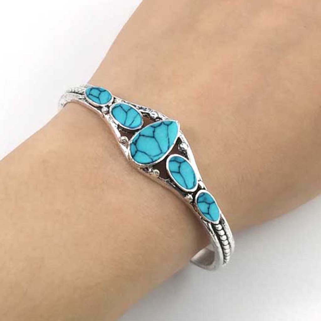 Hu Hu Hu Hu Hu Alat Bantu Pasang Kacamata♡ Gelang Bangle Open Desain Ukiran Hollow Out Hias Turquoise Gaya Vintage Untuk Wanita