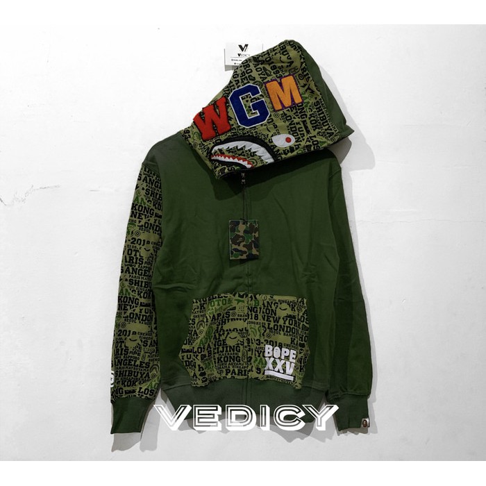 HOODIE JAKET BAPE SHARK XXV CITIES HALF GREEN SUPER MIRROR 1:1 ORI