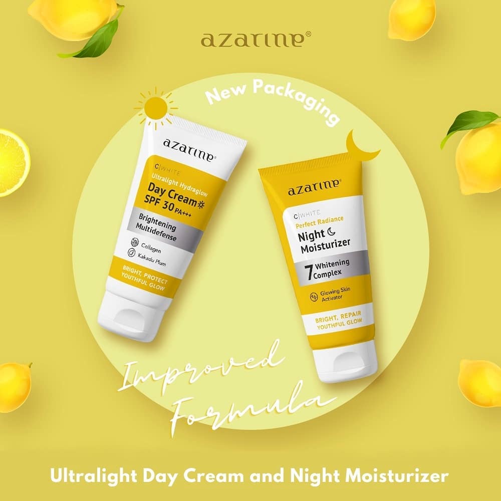 (Day &amp; Night Cream) Azarine C White Perfect Radiance Night Moisturizer / Ultralight Hydraglow Day Cream SPF30 25g - BPOM Mencerahkan Cream Malam &amp; Pagi Siang Kemasan Kuning Pelembab Wajah