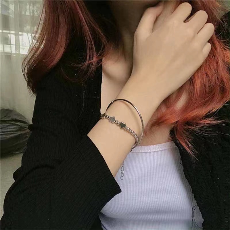 IFYOU 2pcs / set Gelang Model Terbuka Aksen Manik-Manik Hati Gaya Korea Untuk Wanita