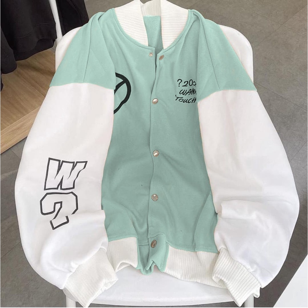 Sweater Baseball W WANNA LAB Oversize Bahan Fleece tebal