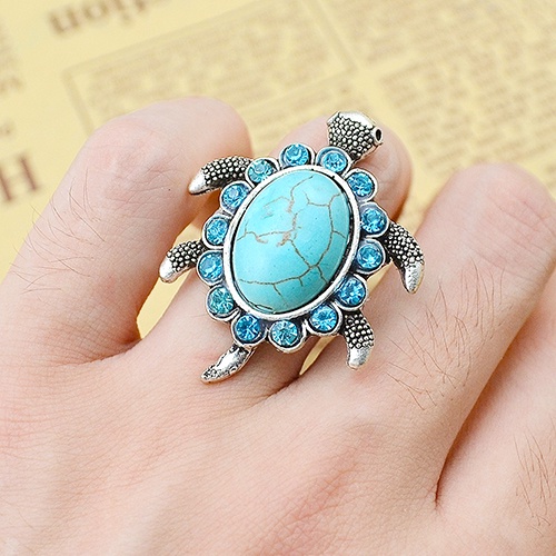 Hu Hu Hu Hu Hu Alat Bantu Pasang Kacamata♡ Cincin Jari Desain Kura-Kura Turquoise Biru Aksen Berlian Imitasi Untuk Wanita