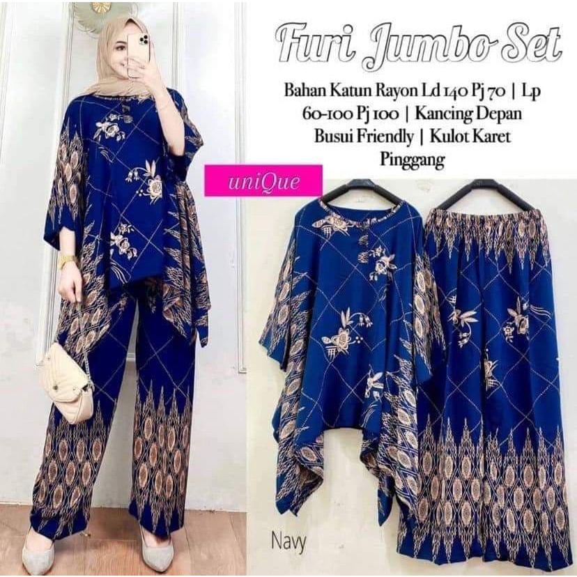 Furi Jumbo Set - One Set Jumbo Katun Rayon Tidie Premium Busui Setelan Wanita Waka Waka Set Celana Kulot Bigsize LD 140 cm