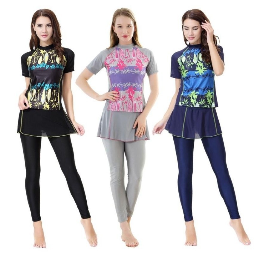 Ocean Wanita Baru Fashion Muslim Swimwear 2 Pieces Konservatif Swimming Suit T shirt   Celana  Abu