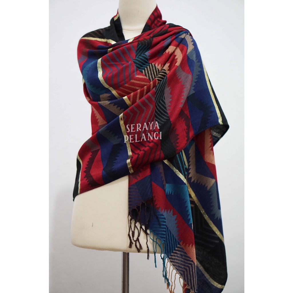 Pashmina Cashmere Metalik 05 | Motif Zigzag | Selendang | Scarf | Syal | Shawl | Pasmina Kashmir | Souvenir | Hadiah Ulang Tahun | Birthday Gift | Aksesoris Fashion Wanita | Import Quality | Grosir Murah