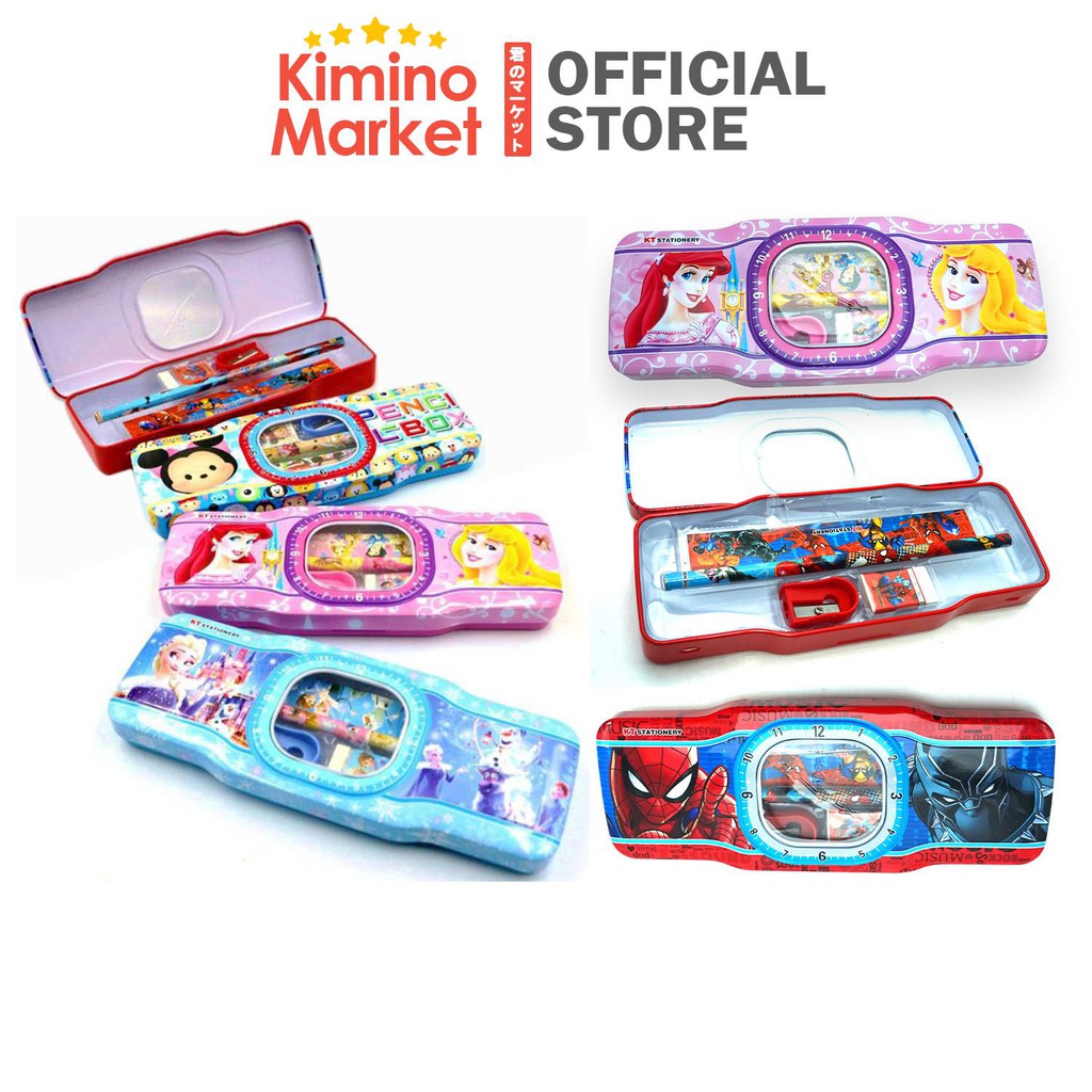 Kotak Pensil (Pencil Case) Besi Karakter Unik Frozen, Princess, Spiderman lengkap Isi Lucu