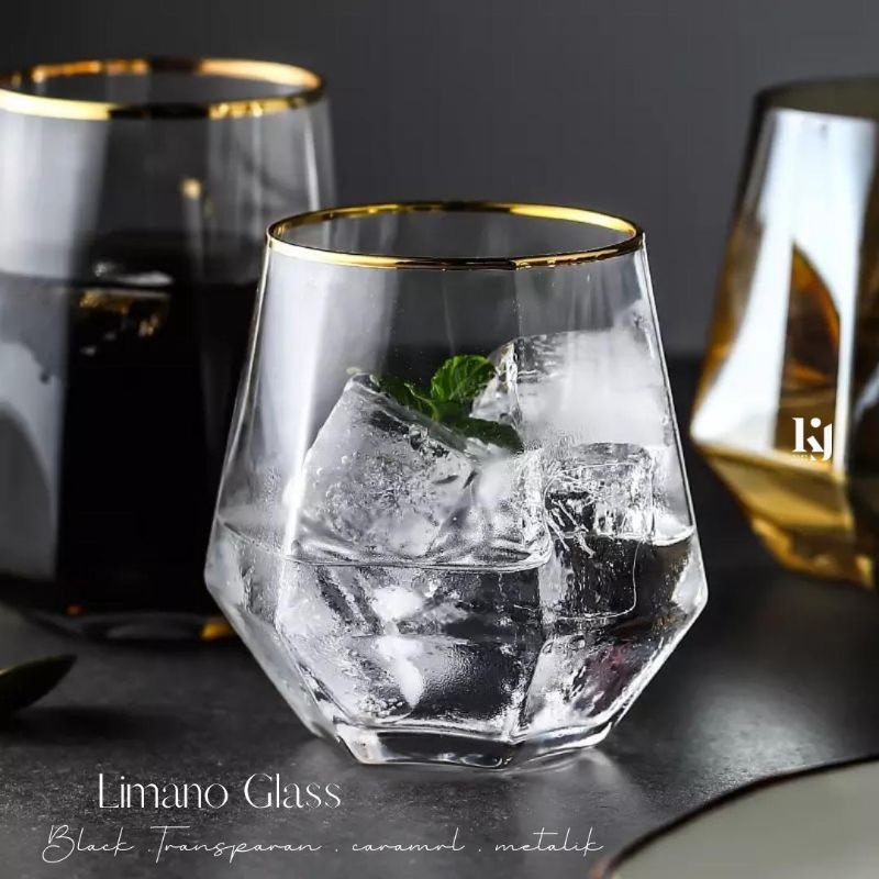 KJ - Limano Glass / Gelas Cantik / Gelas Kaca List Gold / Gelas Unik-1