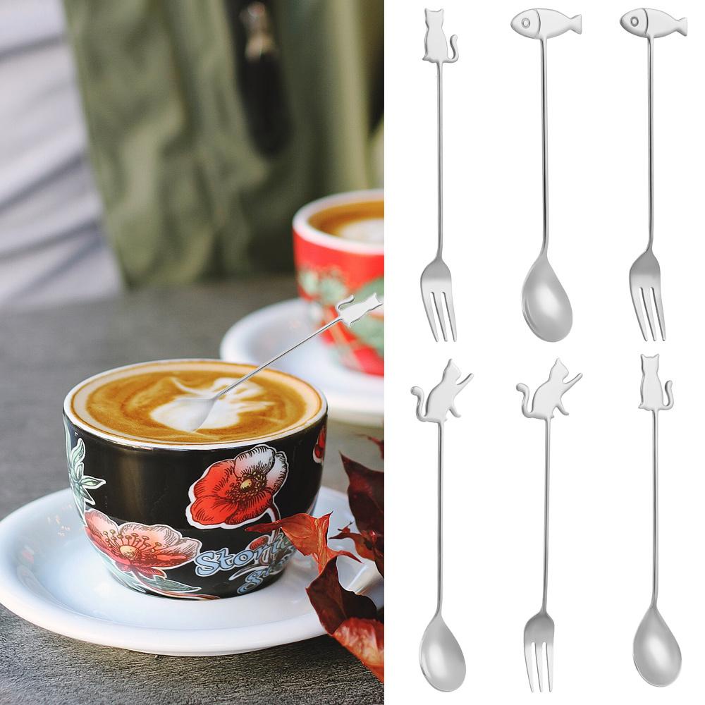 Suyo 1pc Sendok Aduk Kopi / Buah Bahan Stainless Steel Desain Ikan / Kucing