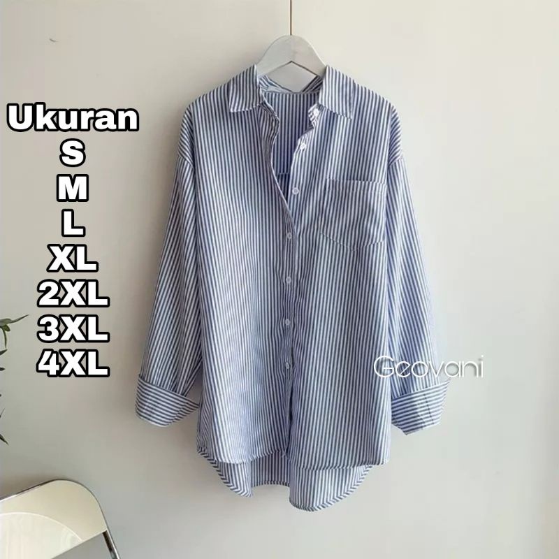 Premium Series GEOVANI Kemeja Salur Wanita Size S M L XL XXL XXXL XXXXL 4XL 2XL 3XL 5XL 2L 3L 4L 5L Kemeja Basic Jumbo Atasan Big Size Oversize Baju Kerja Kantor Korea