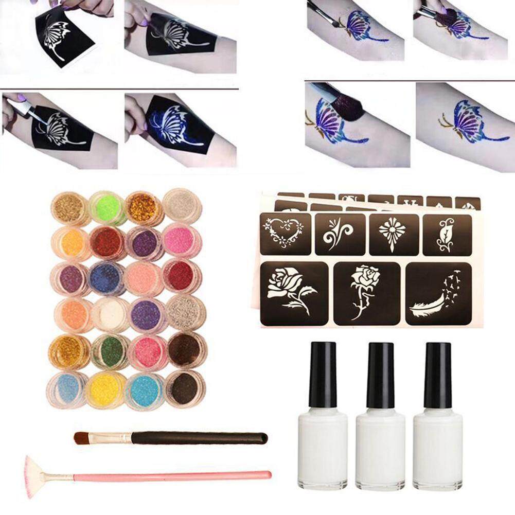 Tato Sementara, Kit Tato Berkilau 24 Warna 1 Set Kit Perlengkapan Makeup Tato Sementara Tahan Air, Tato Jus, Tinta Seni Tubuh