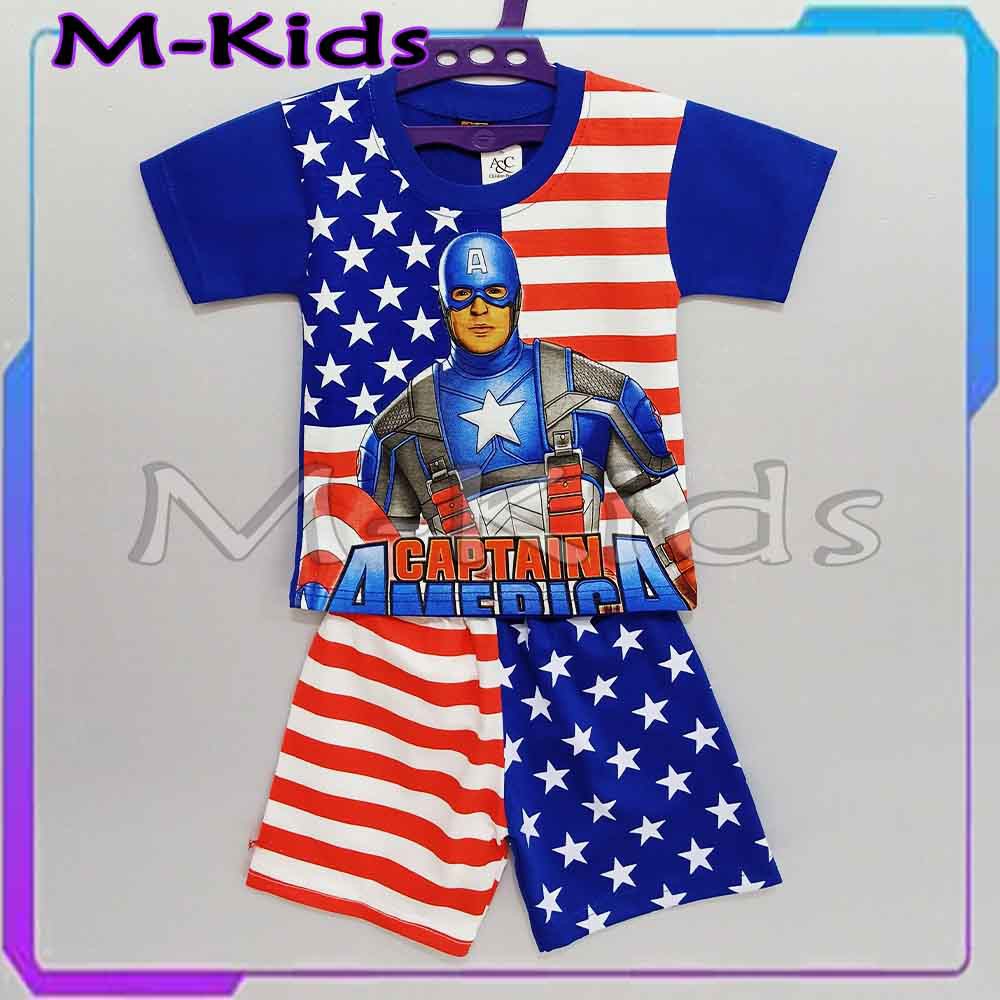 MKids88 - Baju Setelan Kaos Anak Laki-Laki Superhero Karakter  Captain America / Kapten Amerika