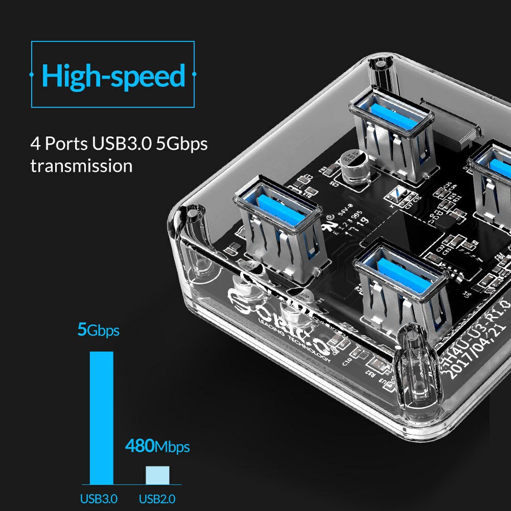 Usb Hub 3.0 orico 4 Port Transparent 5Gbps 1m cable with Micro usb Pd mh4u-u3-10 - Terminal usb3.0