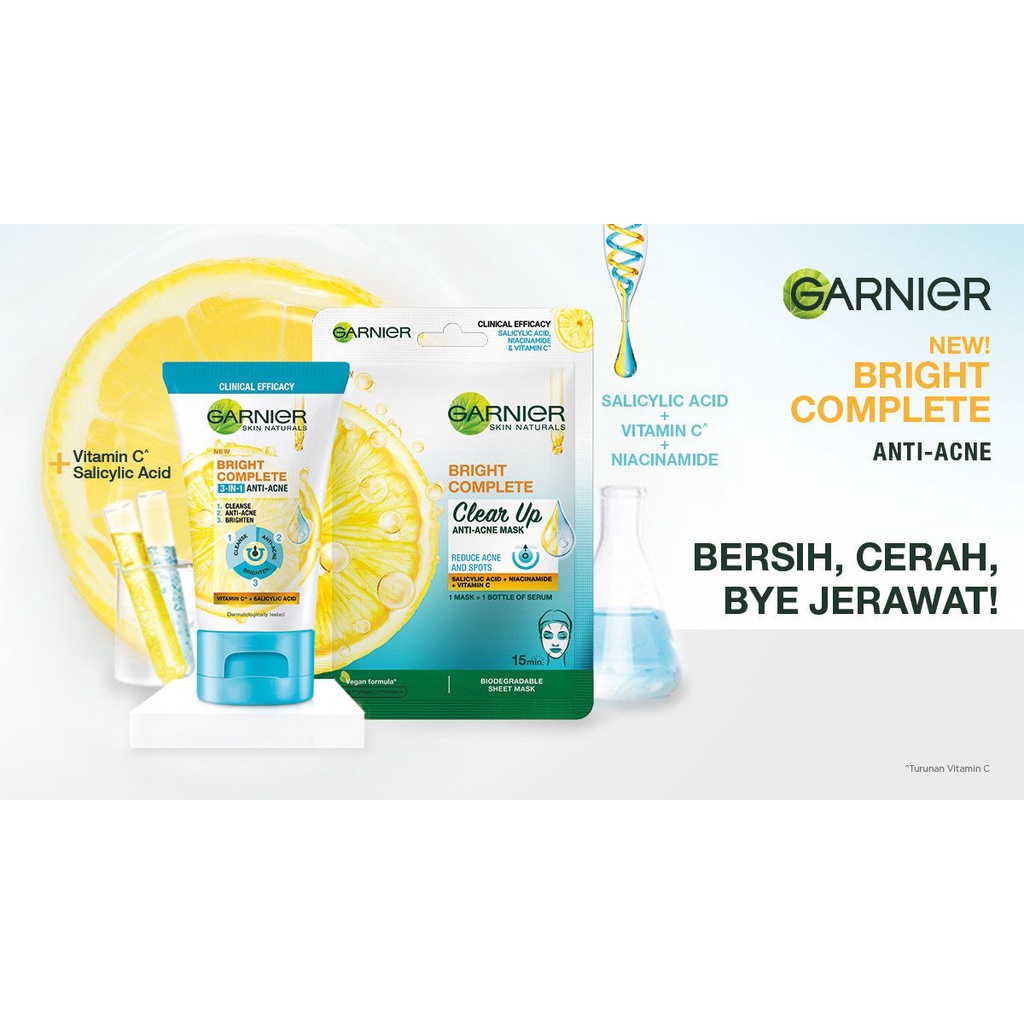 GARNIER BRIGHT COMPLETE 3-IN-1 ANTI ACNE - Facial Foam | Sheet Mask | Acne Serum ❤ jselectiv ❤ GARNIER - ORI✔️BPOM✔️COD✔️