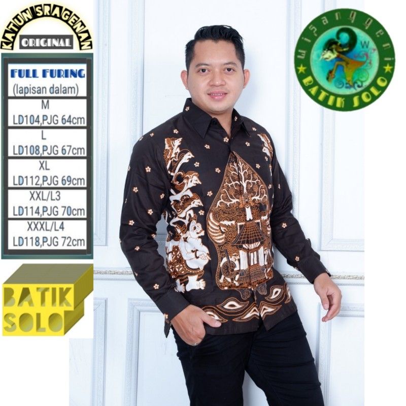 KEMEJA BATIK PRIA LENGAN PANJANG ATSAN BAJU COWOK MODERN MOTIF WAYANG TUMPUK BATIK SOLO