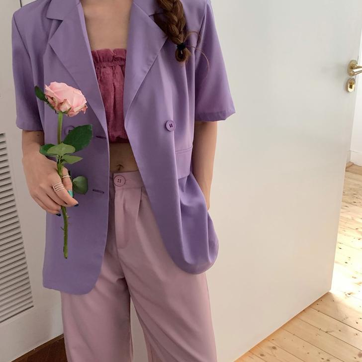 Serbuuuu.. Blazer Lengan Pendek Model Longgar Warna Solid Gaya Korea Untuk Wanita