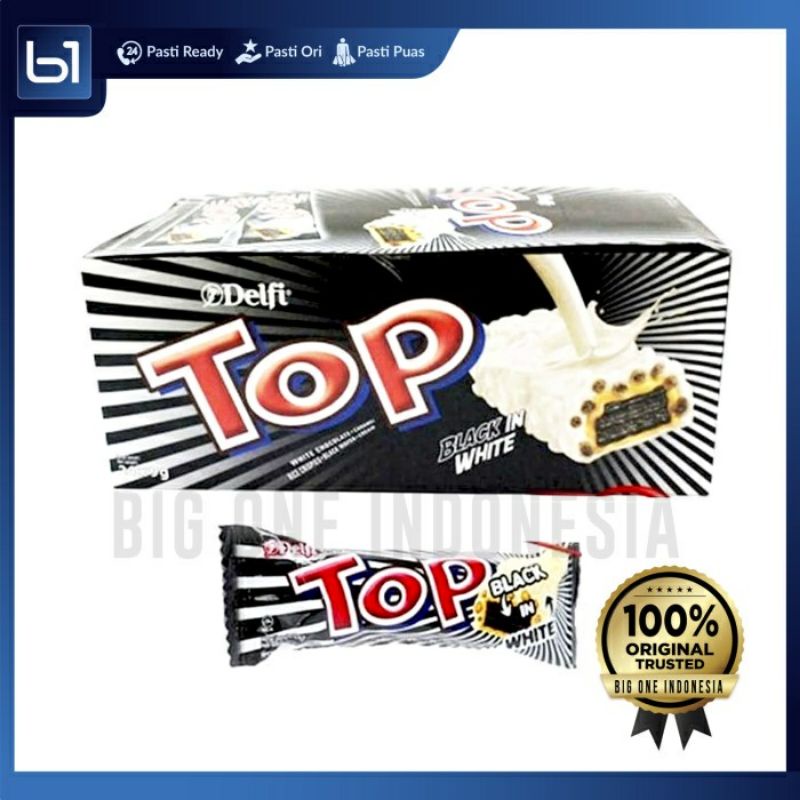 Delfi TOP Wafer Chocolate 9g BOX 24  Strawberry , Black in White, WaferCrunchy Coklat Stroberi