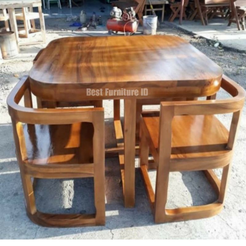 Meja Makan Kotak Minimalis 4 Kursi Kayu Jati