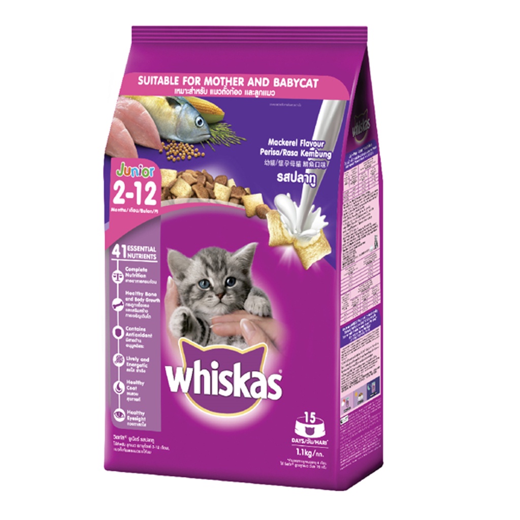 WHISKAS Junior Makanan Kucing Kering, 1.1 kg. Makanan Anak Kucing untuk umur 2-12 bulan