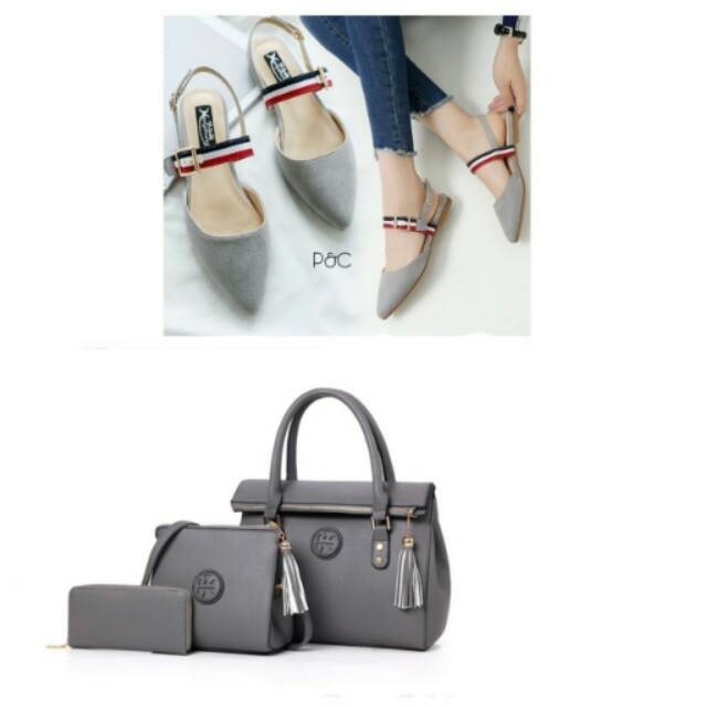 Paket hemat murah sepatu flat tali bendera dan tas tori tori 3 in 1 tote bag jinjing wanita cewek