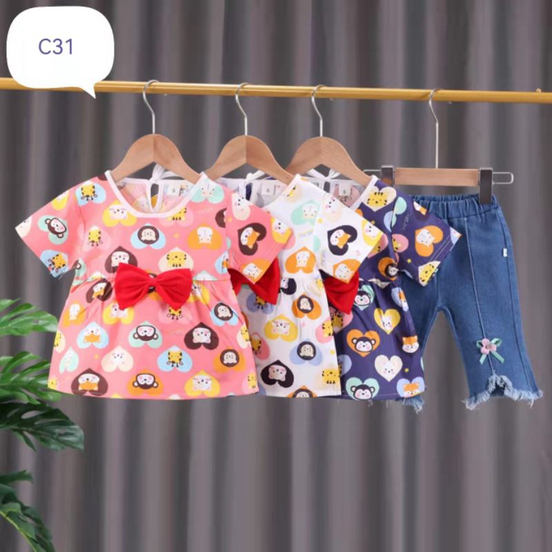 Setelan anak perempuan atasan jins cherry import 1-5 tahun/ Baju Setelan kemeja Setelan Jeans anak cewek tanggung 1 2 3 4 5 tahun