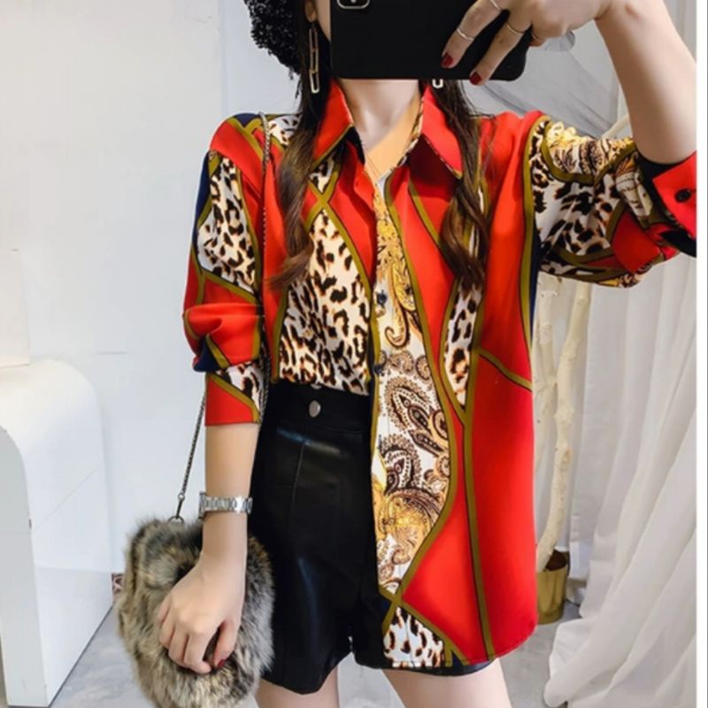 0198 Baju atasan kemeja blouse lengan panjang merah hijau ala Korean style cewek import terbaru baju