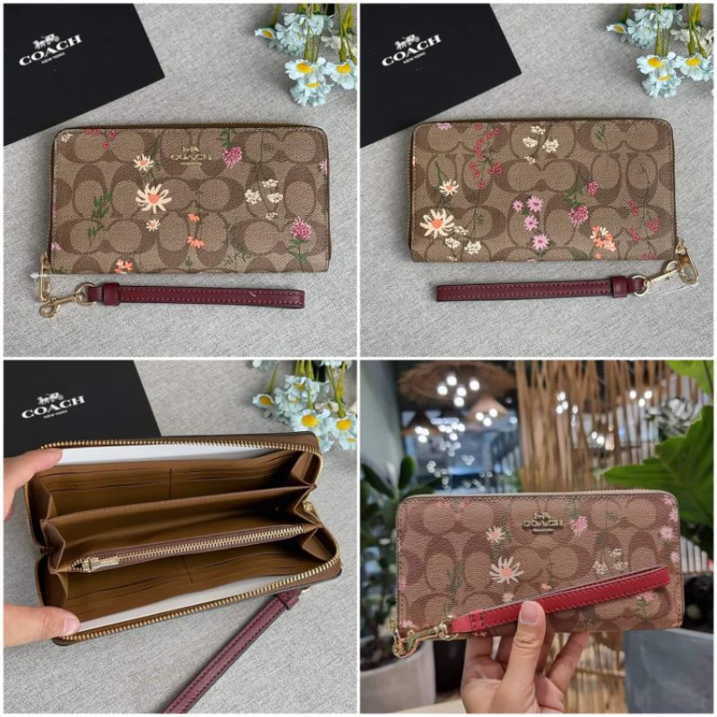 Dompet coach || coach signature long zip around wallet flower khaki multi