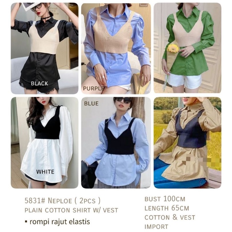 MDLV ~ 5831 NEPLOE PLAIN SHIRT W VEST SET KEMEJA DAN VEST RAJUT ELASTIS FASHION IMPORT WANITA