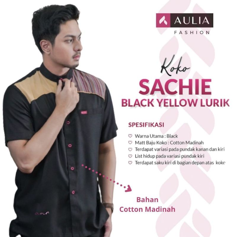 AULIA FASHION Baju Koko SACHIE BLACK YELLOW LURIK Size XXL Pakaian Branded Original Muslim Pria Prem