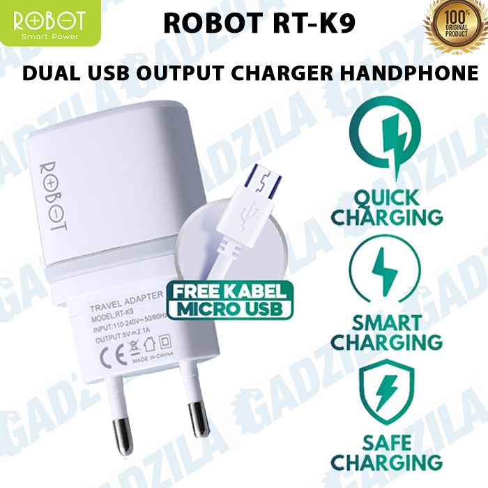 Robot RT-K9 Adaptor Charger 12W Dual USB Output 2.1A + Micro USB Data Cable