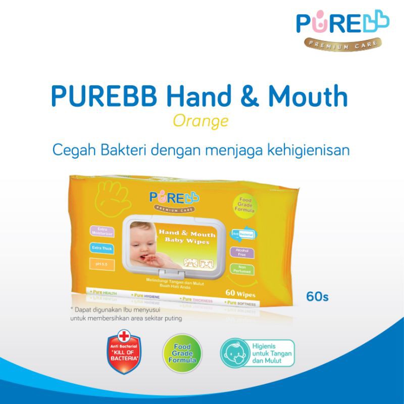 Pure BB Premium Care Hand &amp; Mouth Baby Wipes isi 60 pcs