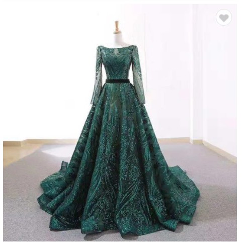 Gaun pengantin sequins hijau ekor mewah wedding gown