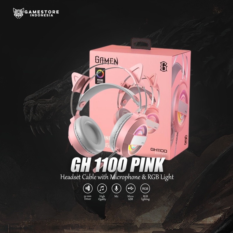 Earphone Headphone Gaming GAMEN GH1100 Pink Gaming Cat Ear RGB Lighting Cute Design ORIGINAL