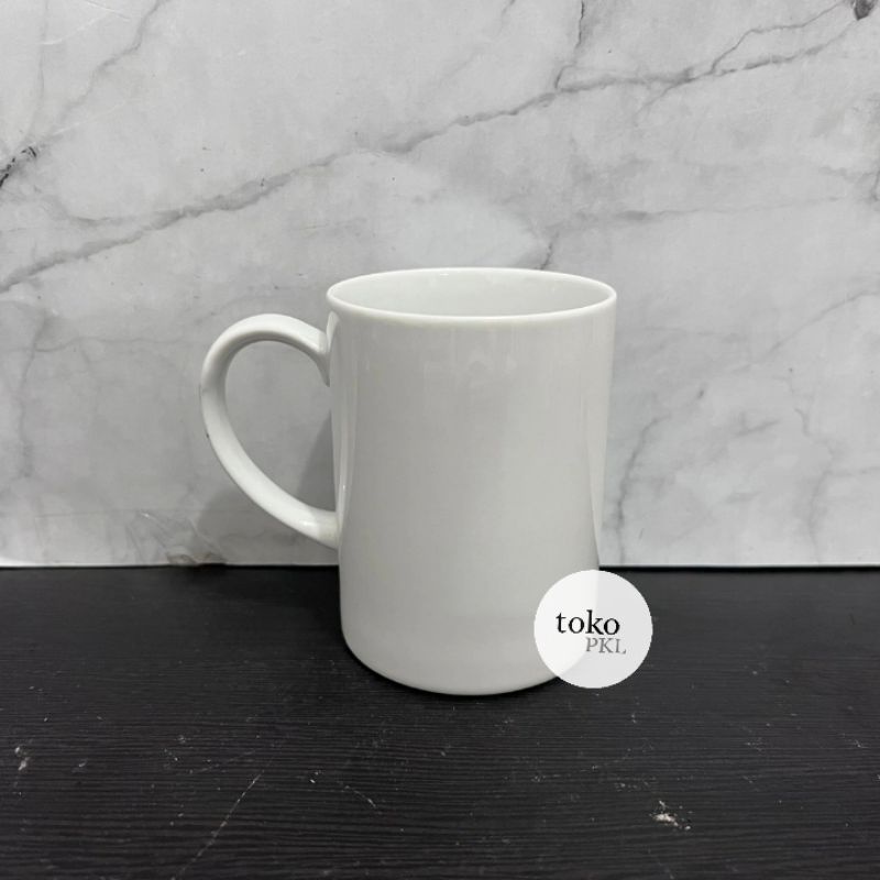 gelas lurus biasa keramik putih polos dengan gagang - drinking glass gelas kopi teh minum