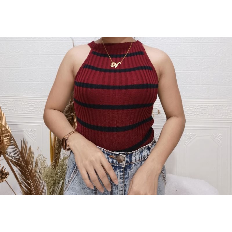 Crop Tee Tanktop Wanita Rajutan Tank top Inner Knit Salur Tebal