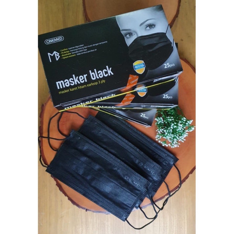 MASKER ONEMED MASKER EARLOOP 3 PLY HITAM ISI 25 PCS