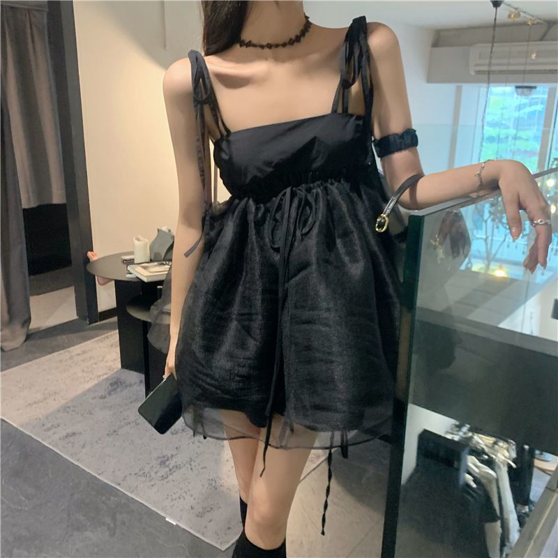 dress korean style dark suspender dress retro high waist French a-line short skirt fairy summer