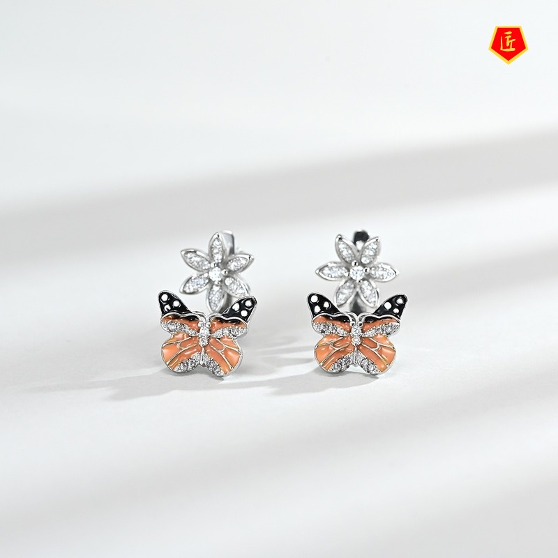 [Ready Stock]New Fashion Flower Butterfly Ring Luxury Full-Jeweled Stud Earrings Set