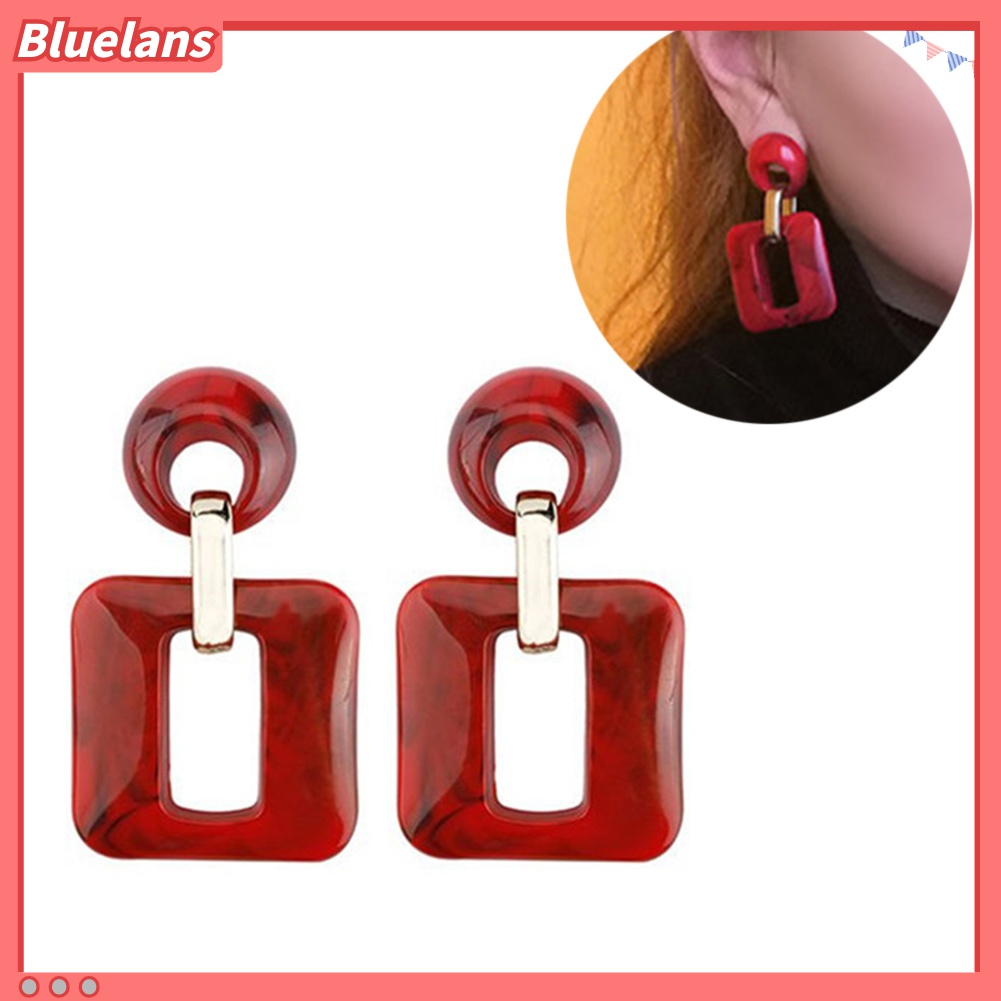 Bluelans Anting Tusuk Gantung Wanita Desain Geometri Bulat / Kotak Hollow Gaya Boho Untuk Hadiah