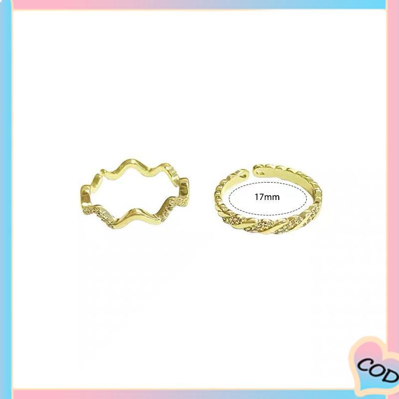 COD❤️ 2 PCS Cahaya Mewah Wanita High-end Super Indah Bergaris Gelombang Cincin Pembukaan Temperamen-A.one