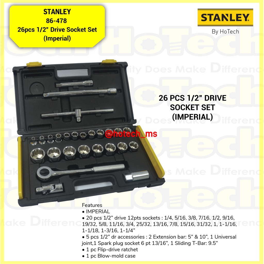 STANLEY Kunci Shock | 86-478 26pcs 1/2” Drive Socket Set (Imperial)