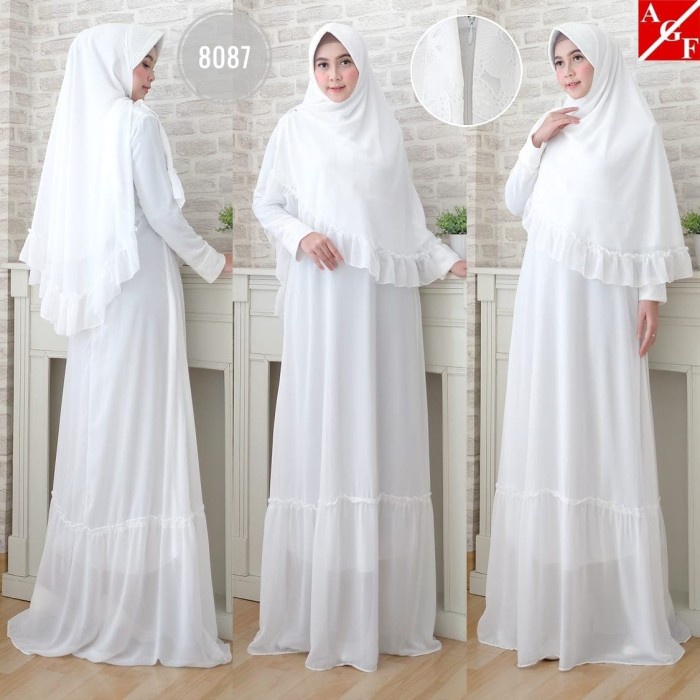 dress Baju Gamis Putih Wanita / Baju Umroh / Gamis Syari / Syari Pesta #8087 - Putih, L muslim canti