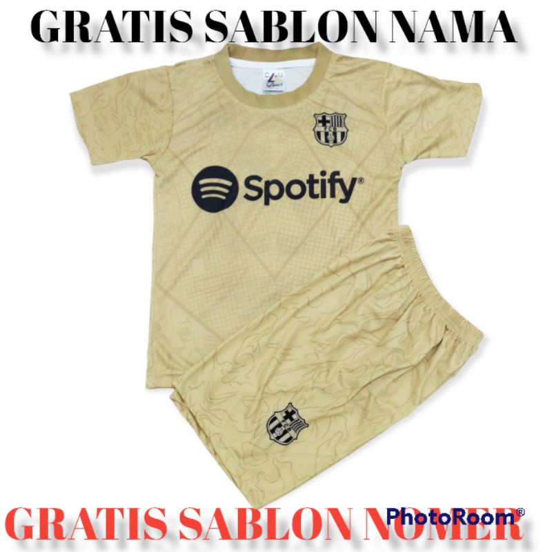 SETELAN BAJU BOLA ANAK LAKI LAKI/GRATIS SABLON NAMA DAN NOMER PUNGGUNG/NEW JERSEY BARCA