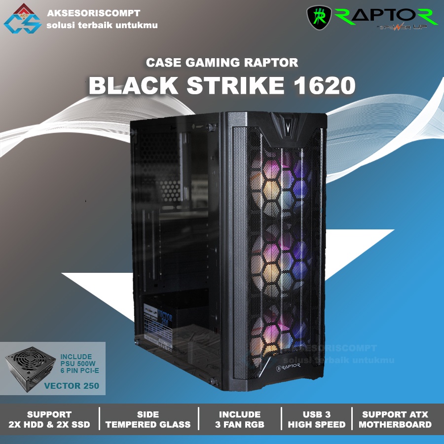 Casing Gaming PowerUp Raptor 1620 Black - Includ PSU &amp; 3 FAN RGB