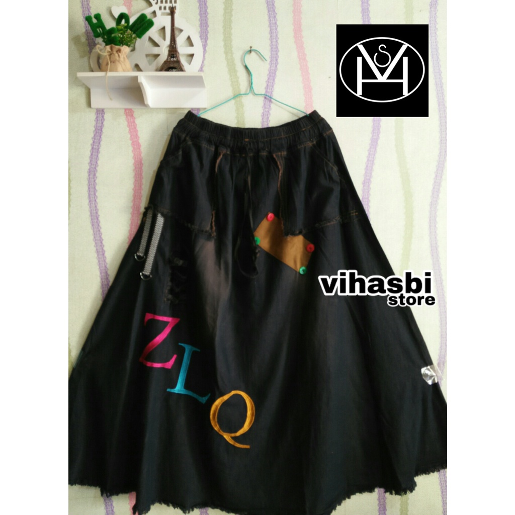 Rok Jeans Jumbo ZLQ XXL  - Rok Zlq Bordir - Rok Bawahan Wanita Panjang Mayung