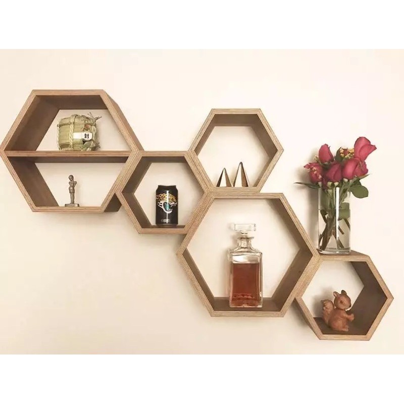 Rak hias tempel dinding hexagon kayu jati belanda, ukuran 34cm 28cm