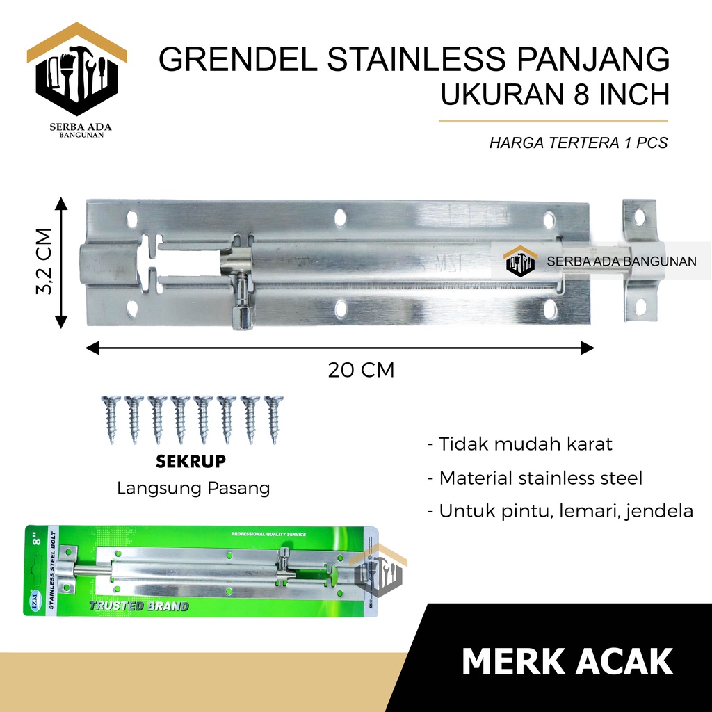 GRENDEL SLOT PINTU STAINLESS STEEL PANJANG 8 - 10 -12 INCH / KUALITAS TEBAL KUAT PENGUNCI SELOT RUMA