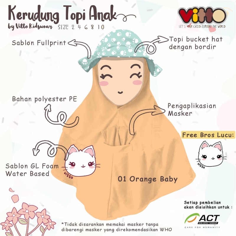 Kerudung Topi Anak Vitto Kidswear 2-10 Tahun Masker Topi Free Bross Lucu