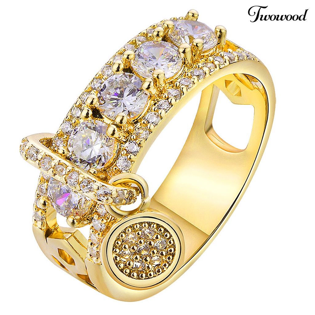 Twowood Cubic Zirconia Women Ring Disc Pendant Alloy Hollow Wide Wedding Ring Fashion Jewelry