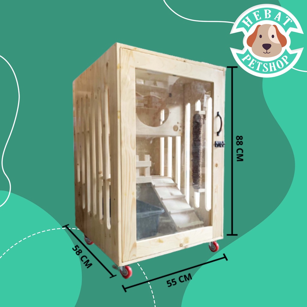 Rumah Kandang Kucing Kayu Cat House PlayGround Roda