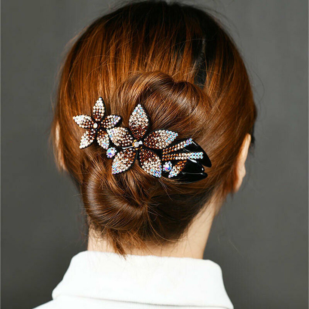 Korean Hair Clip Rhinestone Accent Double Flower Hairpin For Women